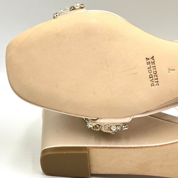 Badgley Mischka Size 7 Teasha Soft Nude Satin Jeweled Wedges Dress Sandals Shoes - Picture 11 of 15